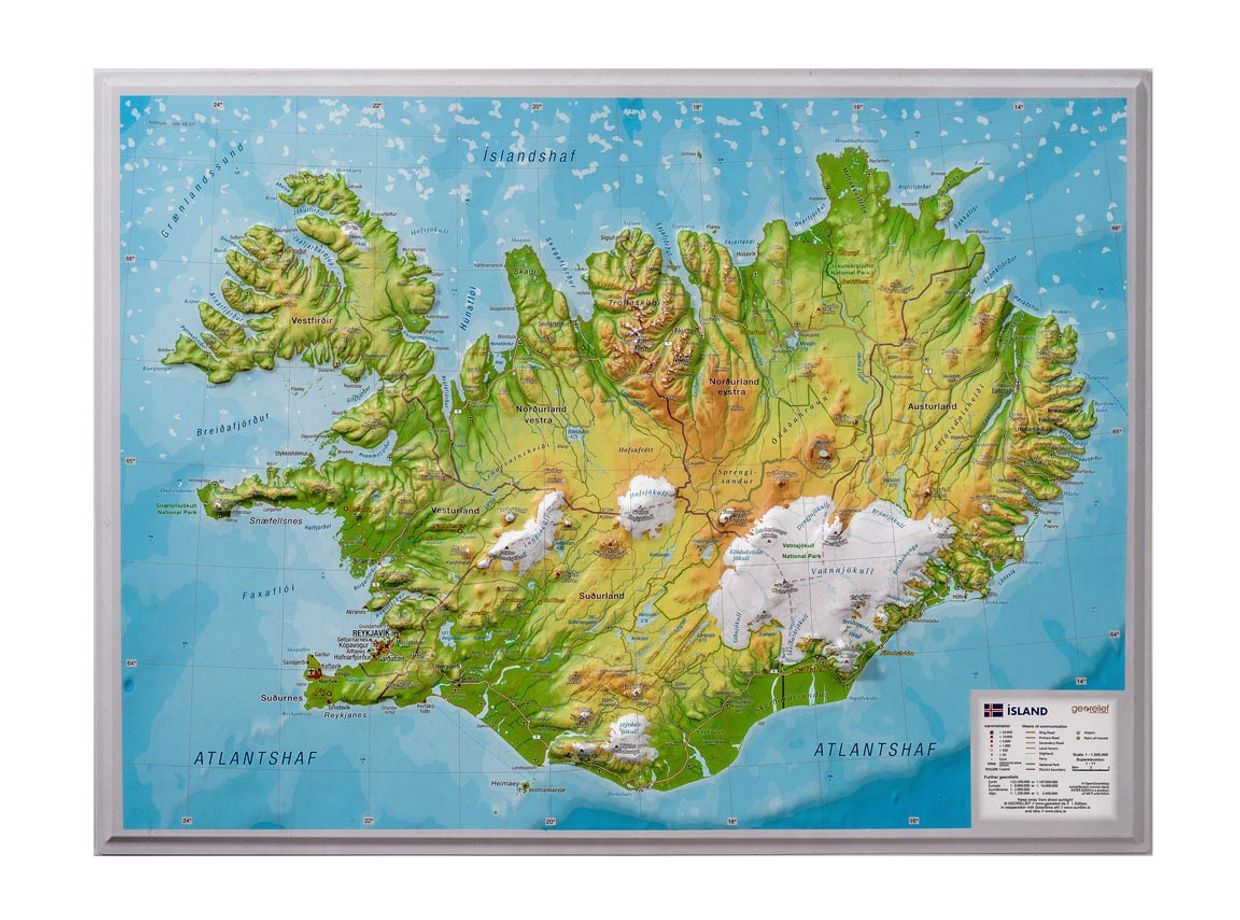 Wandkaart - Reliëfkaart IJsland met voelbaar 3D reliëf 42 x 30 cm | Ge