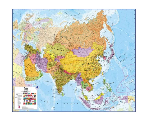 Wandkaart - Magneetbord Azië Politiek - Asia Political, 120 x 100 cm |