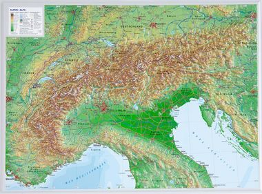 Wandkaart - Reliëfkaart van de Alpen met voelbaar 3D Reliëf, 77 x 57 c