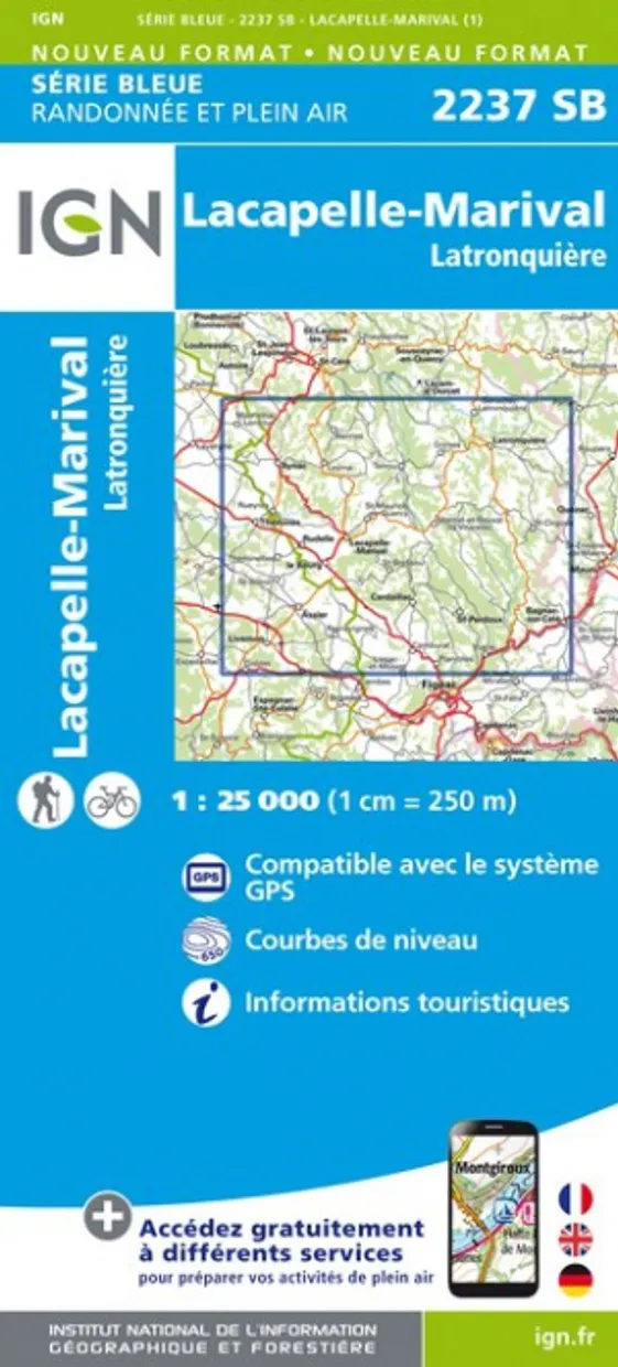 Wandelkaart - Topografische kaart 2237SB Latronquière, Lacapelle-Mariv
