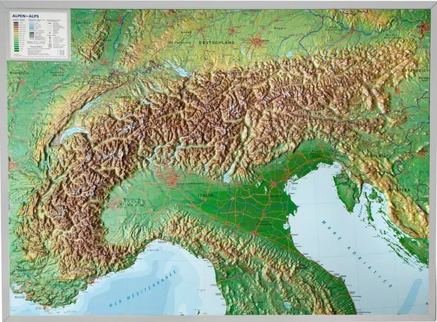 Wandkaart - Reliëfkaart van de Alpen met voelbaar 3D Reliëf, 77 x 57 c