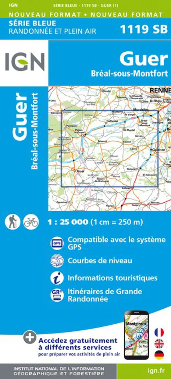 Topografische kaart - Wandelkaart 1119SB Bréal-sous-Montfort, Guer | I
