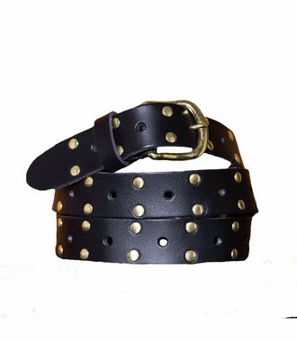 Leather long belt gold studs Zwart
