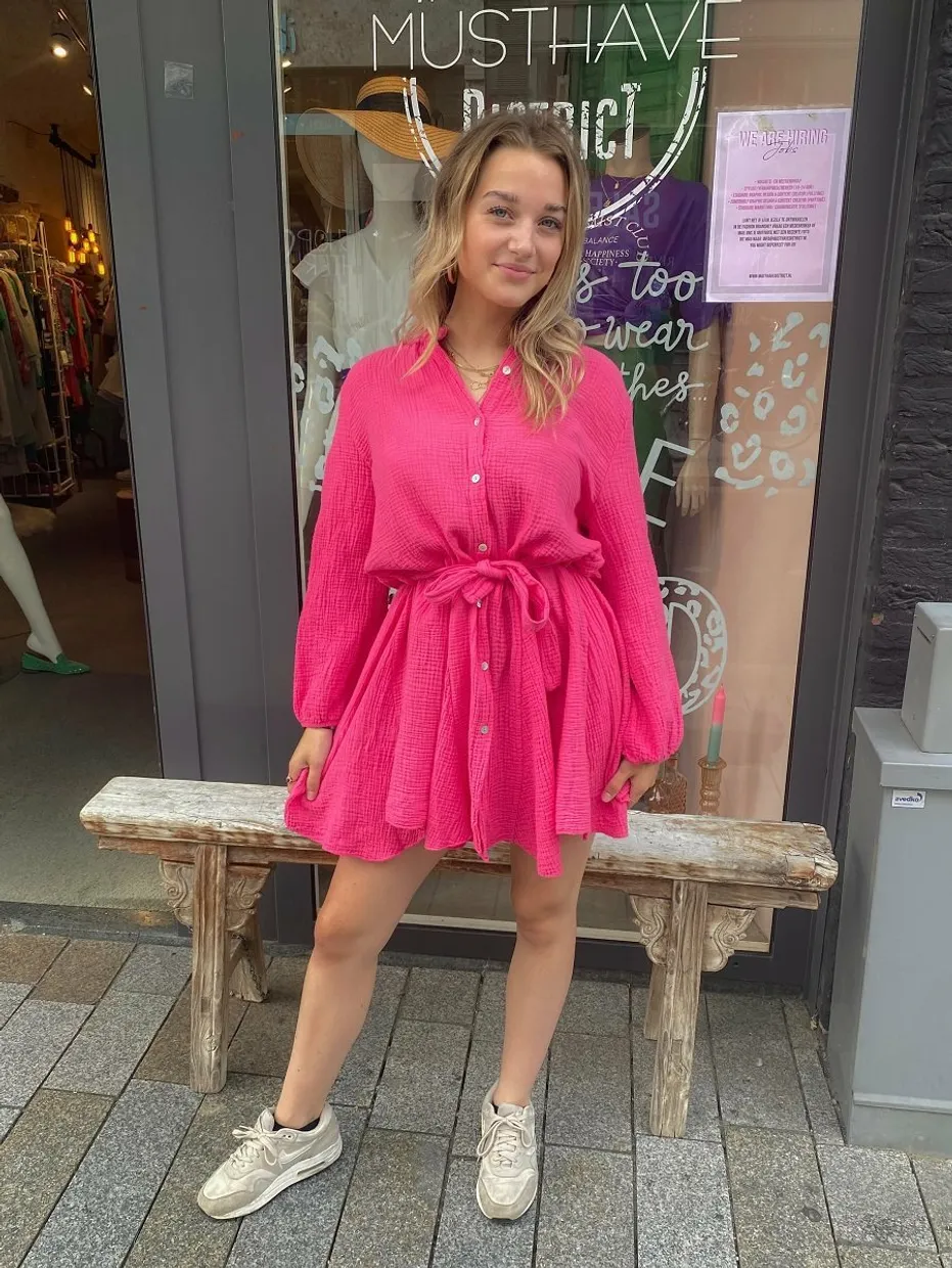 Linen short dress hot pink