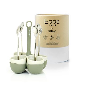Eierkoker met lepeltjes en eierdopjes - groen