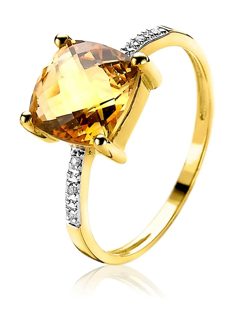 Gold 14 karaat gouden ring met grote vierkante citrien en 6 diamanten totaal 0,02crt ZGR47