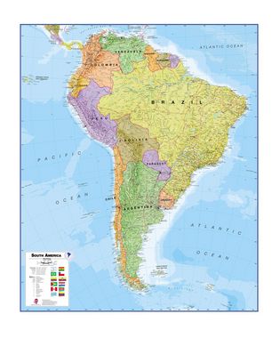 Wandkaart - Prikbord Zuid Amerika - South America political, 120 x 100