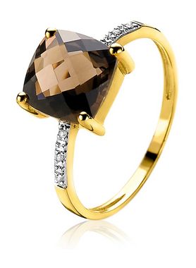 Gold 14 karaat gouden ring met grote vierkante smokey quartz en 6 diamanten totaal 0,02crt ZGR45