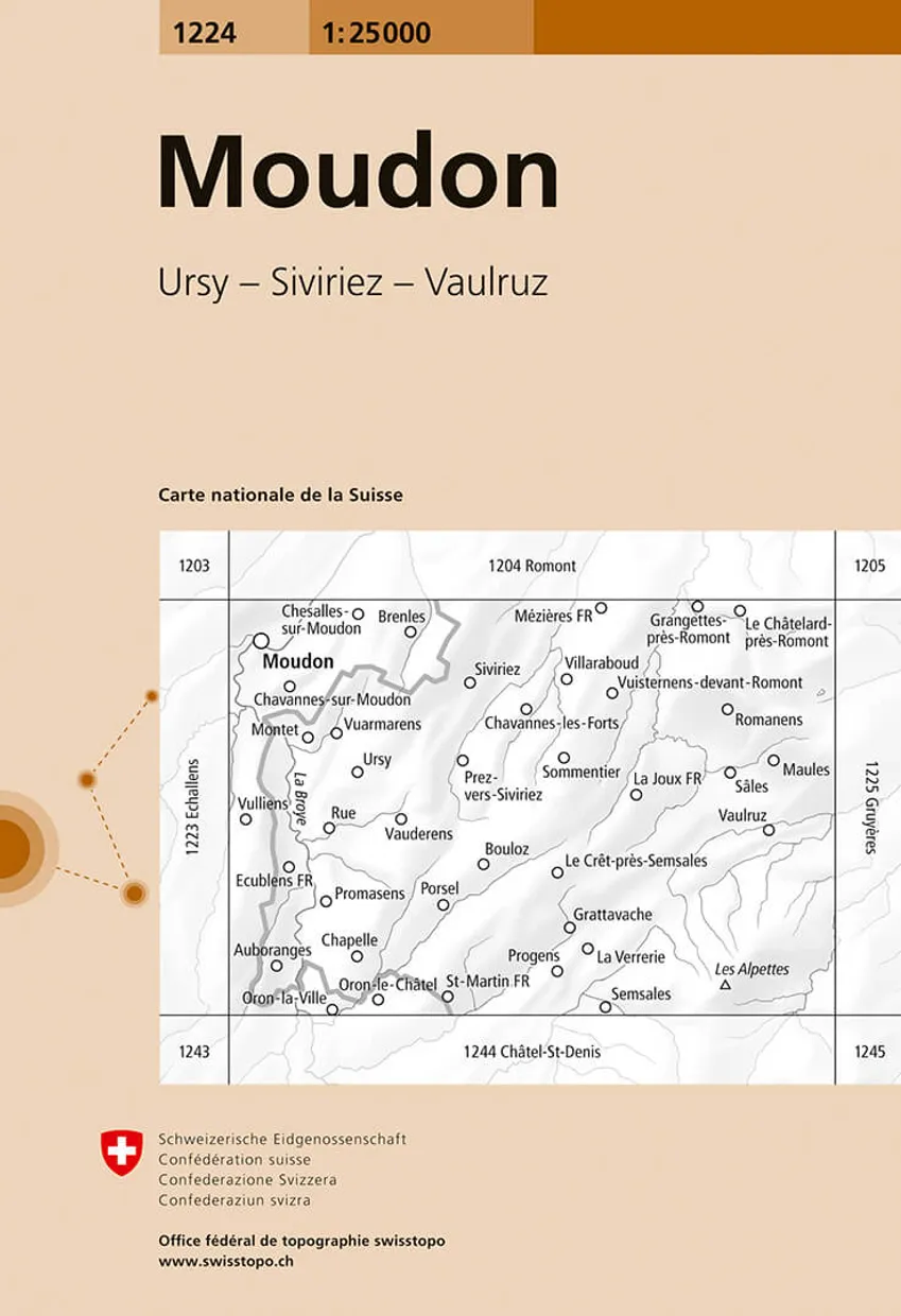 Wandelkaart - Topografische kaart 1224 Moudon | Swisstopo
