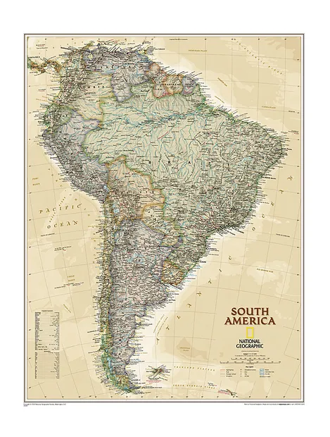 Wandkaart Zuid Amerika, politiek & antiek, 60 x 77 cm | National Geogr