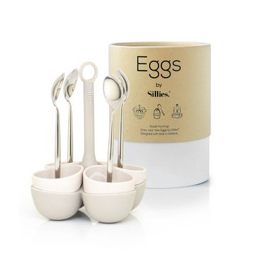 Eierkoker met lepeltjes en eierdopjes - beige
