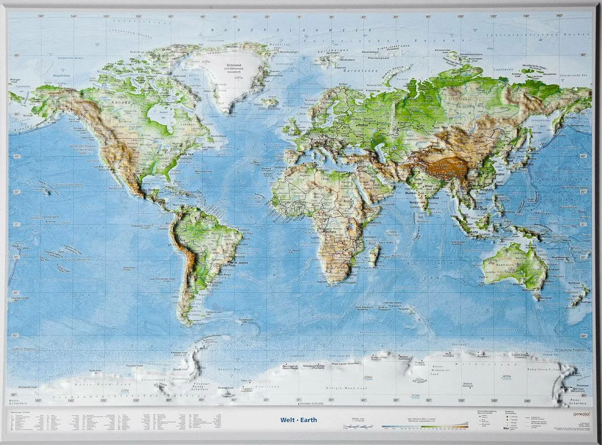 Wereldkaart - Reliëfkaart met voelbaar 3D reliëf  77 x 57 x 4,5 cm | G