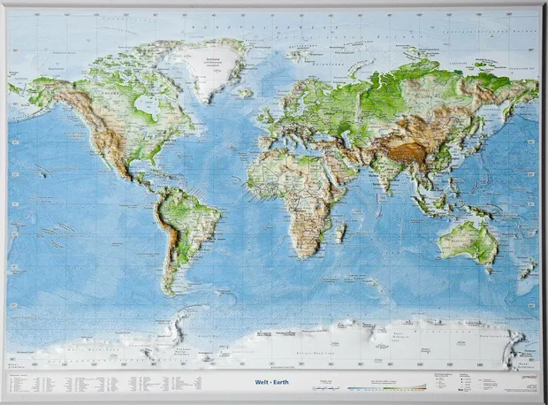 Wereldkaart - Reliëfkaart met voelbaar 3D reliëf 77 x 57 x 1,0 cm | Ge