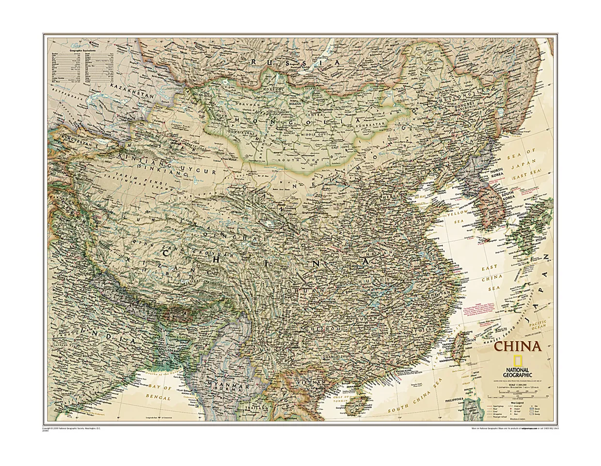 Wandkaart China, antiek, 76 x 59 cm | National Geographic