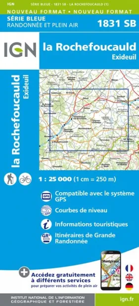 Wandelkaart - Topografische kaart 1831SB Rochefoucauld - Exideuil | IG