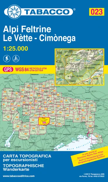 Wandelkaart 023 Alpi Feltrine - Le Vètte - Cimònega  | Tabacco Editric