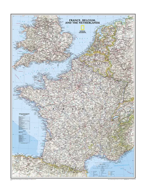 Wandkaart Frankrijk, België en Nederland, 60 x 77 cm | National Geogra