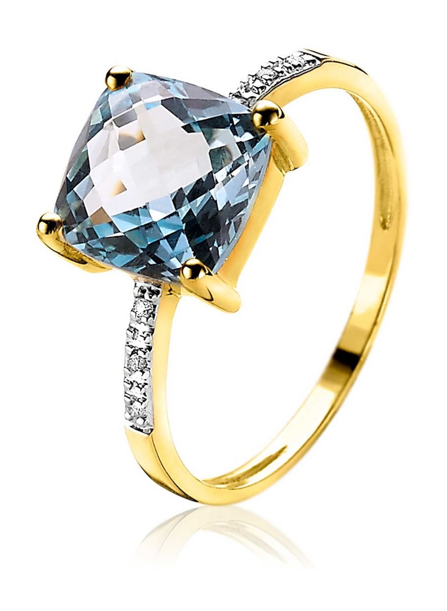 Gold 14 karaat gouden ring met grote vierkante blauw topaas en 6 diamanten totaal 0,02crt ZGR46