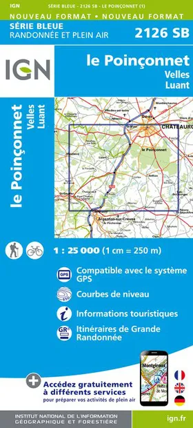 Wandelkaart - Topografische kaart 2126SB Le Poinçonnet, Velles, Luant