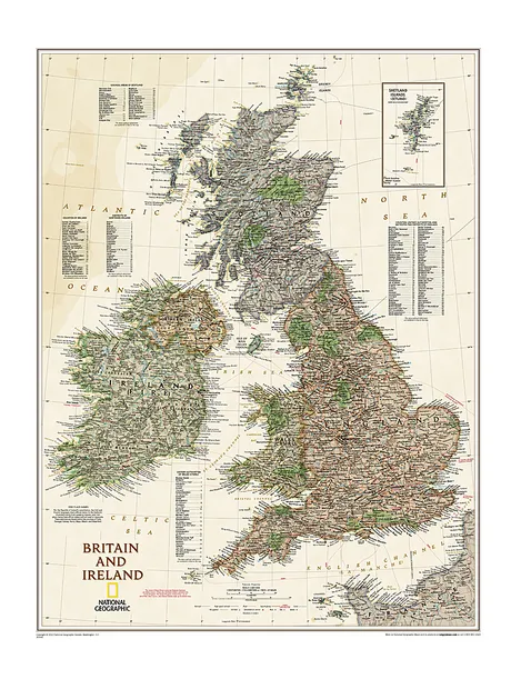Wandkaart Groot Brittannië en Ierland antiek, 60 x 76 cm | National Ge