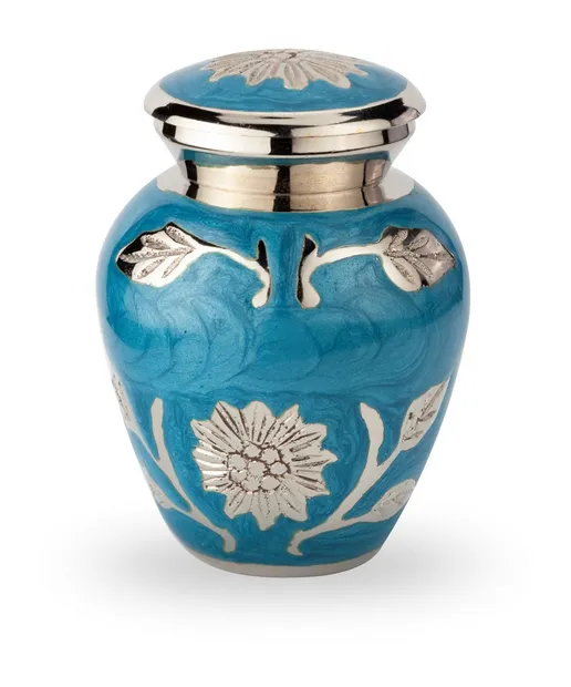 Mini urn kleur blauw met bloemen in zilverkleur (50ml)