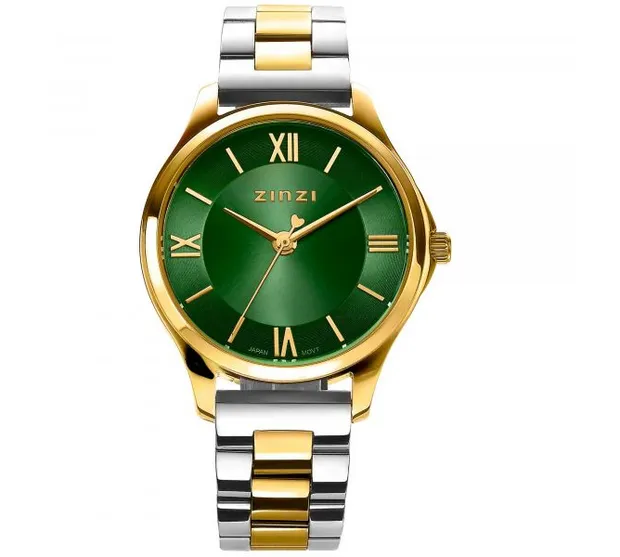 Classy Mini horloge 30mm groene wijzerplaat goudkleurige stalen kast en bicolor band