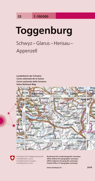 Fietskaart - Topografische kaart - Wegenkaart - landkaart 33 Toggenbur