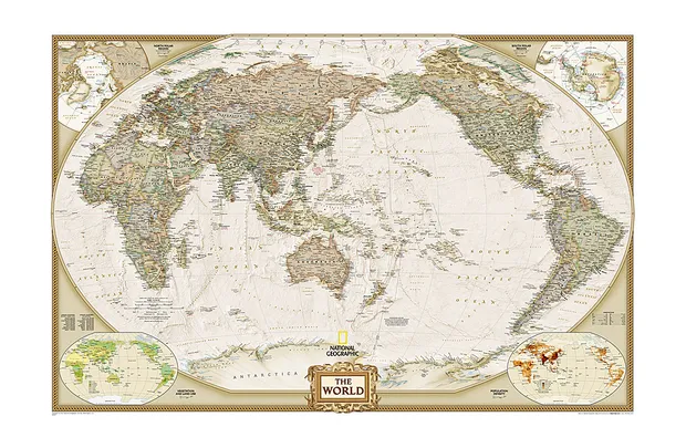 Wereldkaart Politiek & antiek, pacific centered, 117 x 78 cm | Nationa