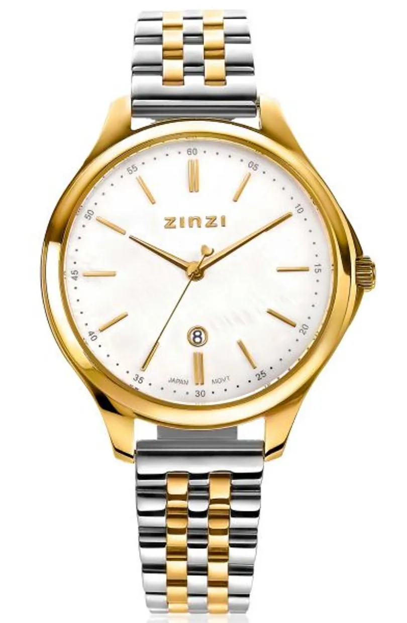 Classy horloge 34mm wit parelmoer wijzerplaat goudkleurige stalen kast en bicolor band