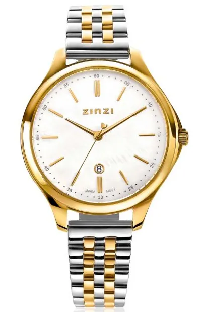 Classy horloge 34mm wit parelmoer wijzerplaat goudkleurige stalen kast en bicolor band