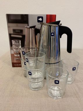 Espressomaker met 6 glazen espressokopjes