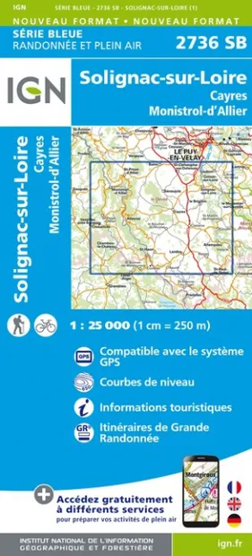Wandelkaart - Topografische kaart 2736SB Monistrol d'Allier, Solignac-