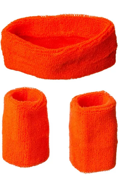 Oranje zweetbandjes voor hoofd en armen.