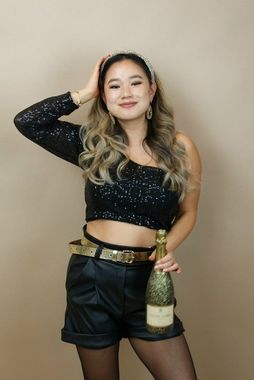One shoulder glitter top zwart