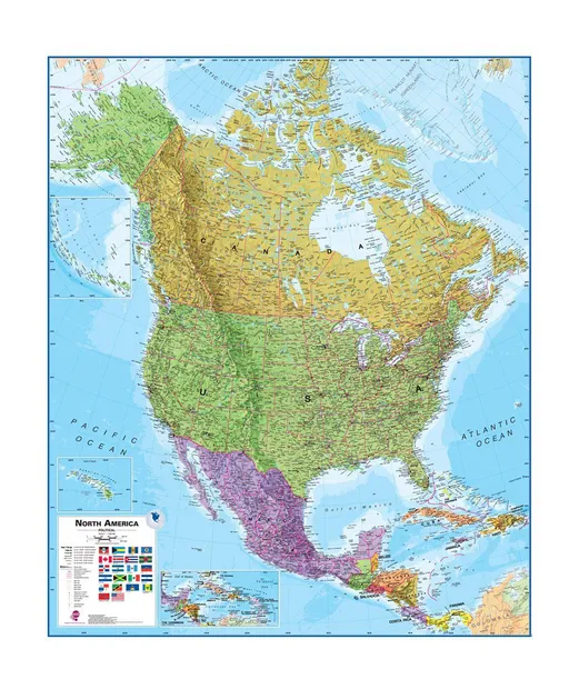 Wandkaart - Prikbord Noord Amerika - North America Political 120 x 100