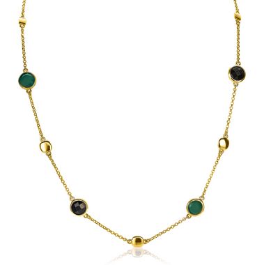 Zilveren collier geel verguld rond vierkant zwart groen 45cm ZIC1869