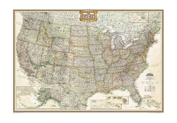 Wandkaart USA - Verenigde Staten politiek, antiek, 108 x 75 cm | Natio