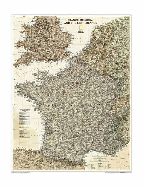 Wandkaart Frankrijk, België en Nederland, antiek, 60 x 77 cm | Nationa