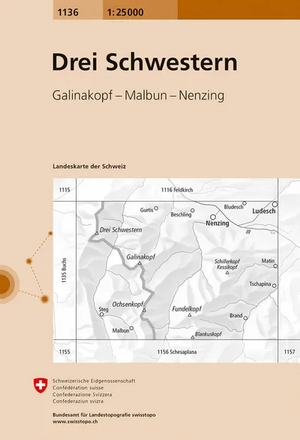 Wandelkaart - Topografische kaart 1136 Drei Schwestern | Swisstopo