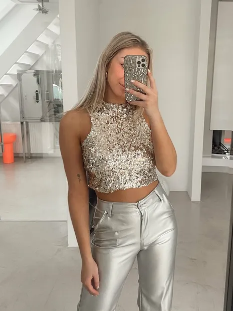 Glitter top mouwloos champagne