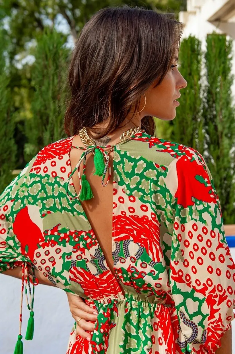 Maxi jurk print rood groen