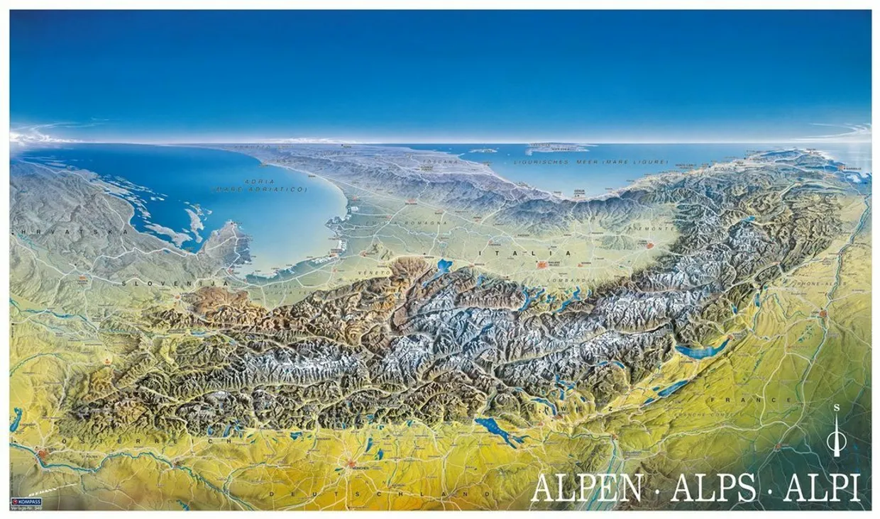 Wandkaart Alpenpanorama von Marseille bis Wien, Poster | Kompass