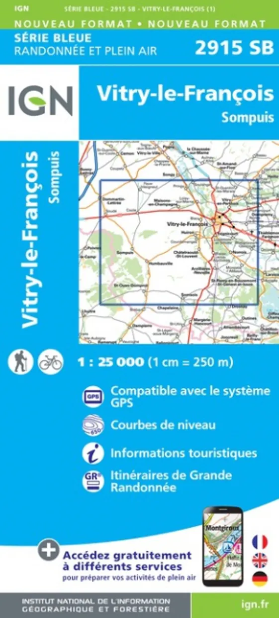 Wandelkaart - Topografische kaart 2915SB Vitry-le-François, Sompuis |