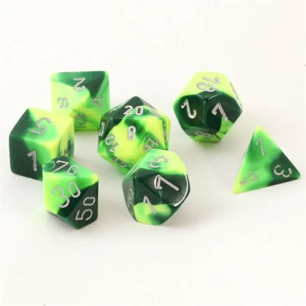 Gemini Green-Yellow/Silver Polyhedral Dobbelsteen Set (7 stuks)