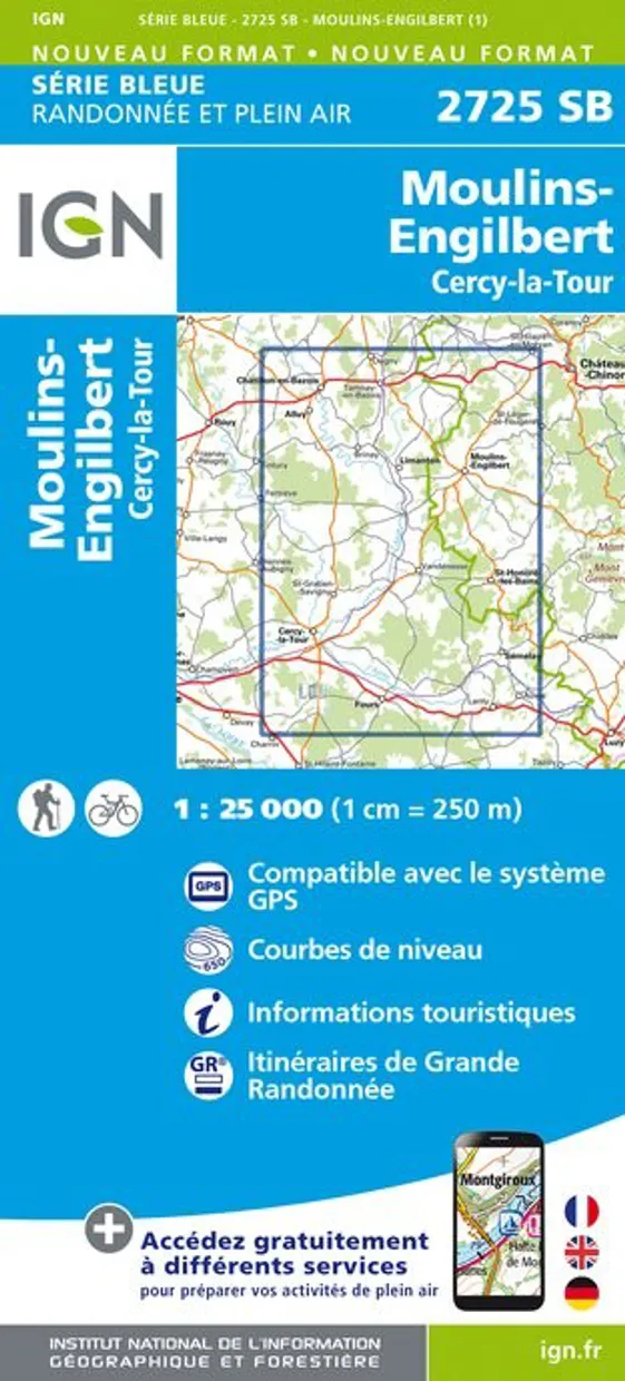 Topografische kaart - Wandelkaart 2725SB Moulins-Engilbert | IGN - Ins