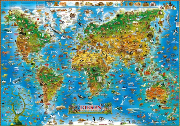Kinderwereldkaart 92ML Dieren van de wereld, 140 x 100 cm | Dino's Map