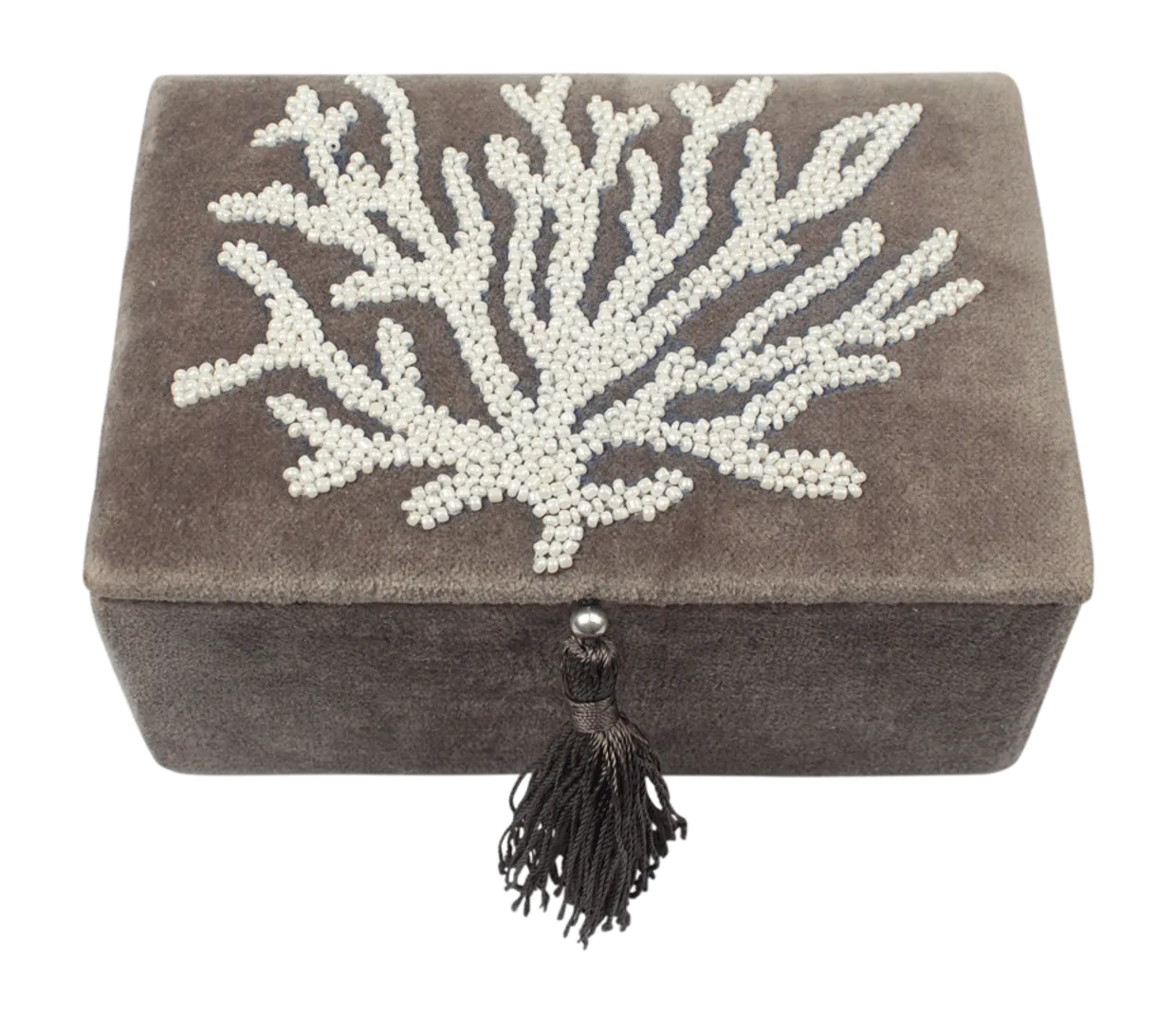 Velvet box with coral in beads Grijs