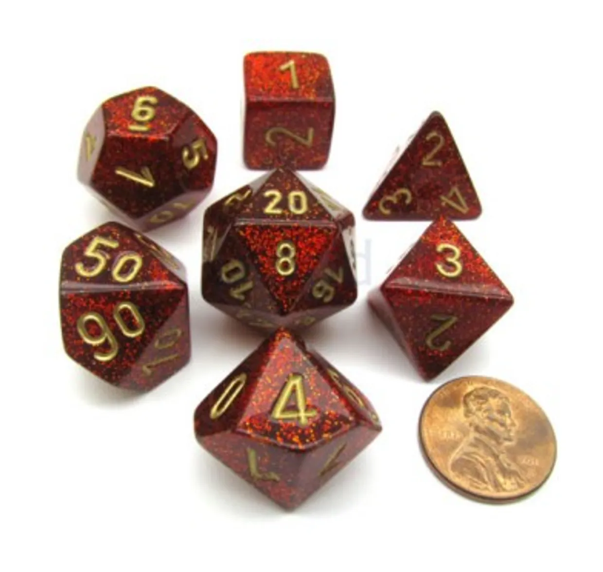 Glitter Ruby/gold Polyhedral Dobbelsteen Set (7 stuks)