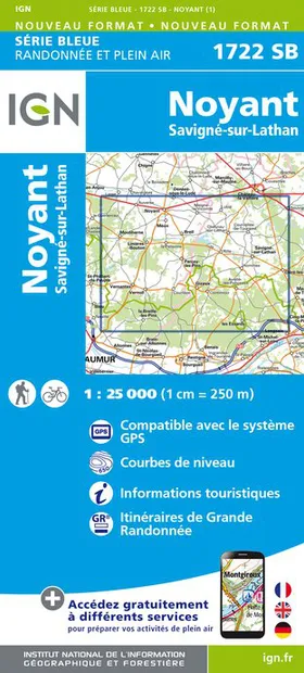 Topografische kaart - Wandelkaart 1722SB Savigné-sur-Lathan, Noyant |
